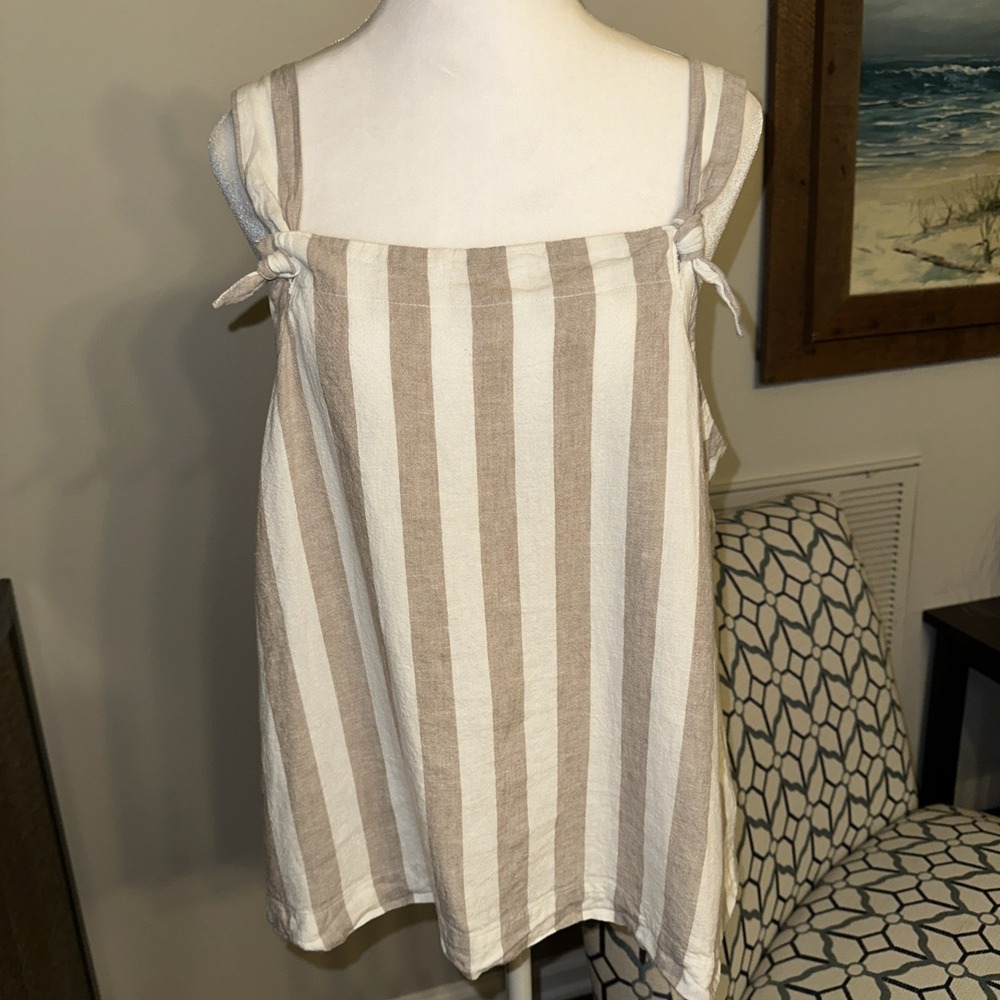 Lauren Conrad linen Blend taupe ivory stripe tie tank top size Large‎